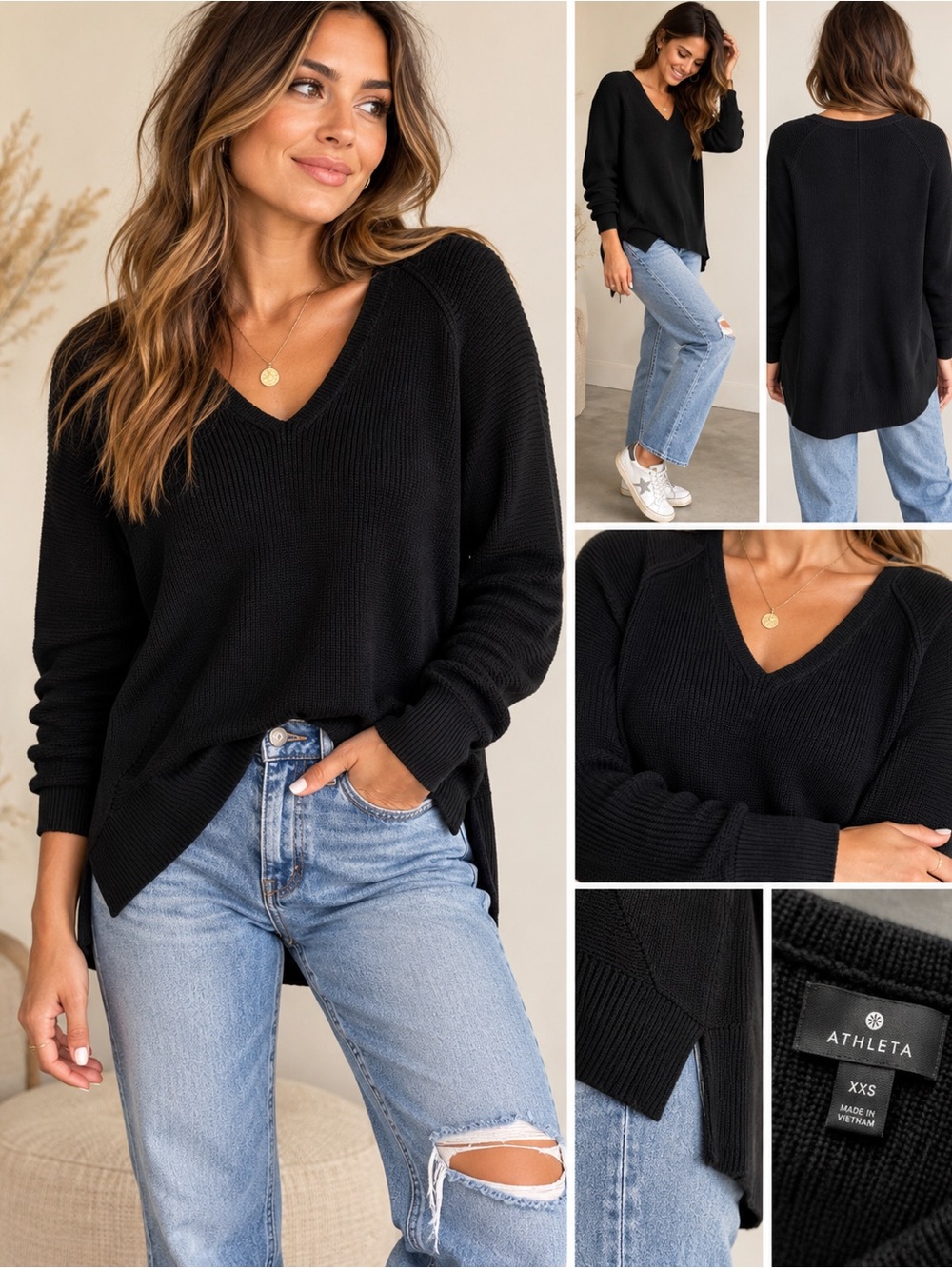 Athleta Hanover V-Neck Merino Wool Blend Sweater Black XXS